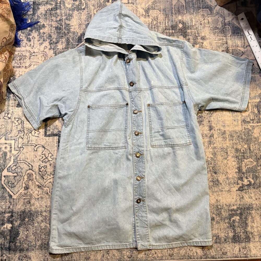 Code Zero Denim Hooded Short Sleeve Shirt Size M Blue Cotton